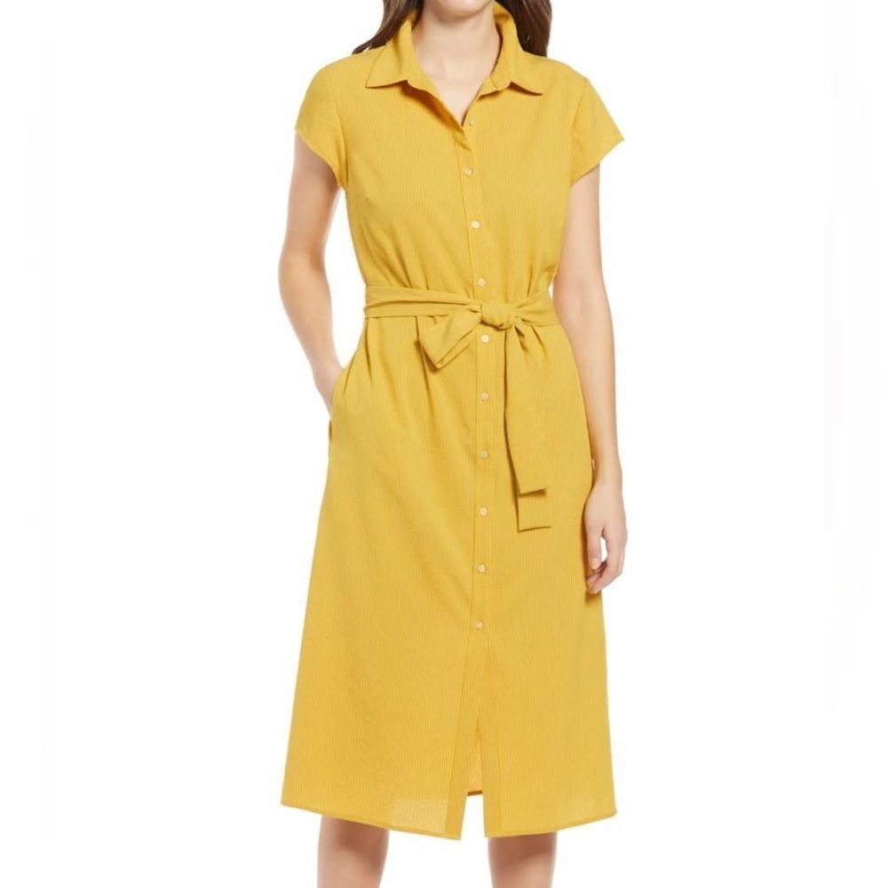 Halogen Mustard Yellow Button-Up Short Sleeve Tie Waist Midi Dress Size Medium
